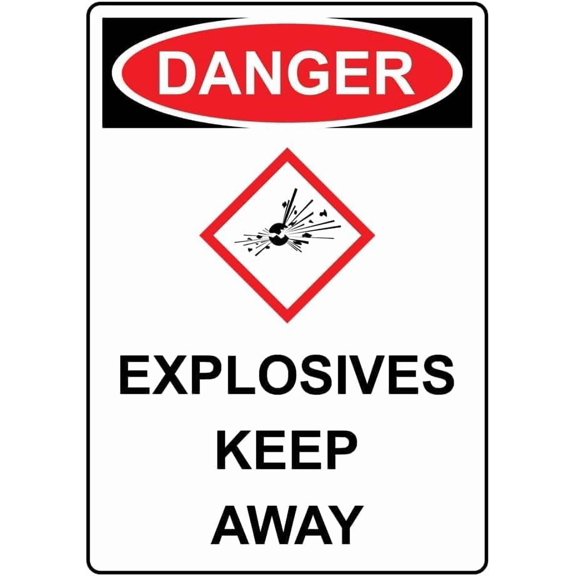 DANGER Explosives Keep Away With GHS Symbol Metal Tin Sign 8x12 Inch Caution Plaque Signage Marker Industrial Facility Factory Warehouse Mining Site Zone Business Outdoor Indoor Wall Decor