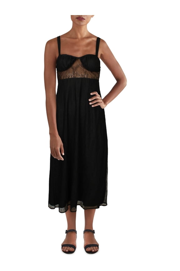 Womens Black Lace Sheer Zippered Sleeveless Sweetheart Neckline Midi Party Fit + Flare Dress M