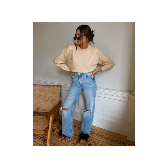 DANIELLE BERNSTEIN Womens Brown Cropped Long Sleeve Crew Neck Sweater L