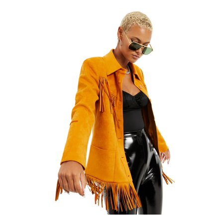 DANIELLE BERNSTEIN Womens Gold Fringed Faux Suede Pocketed Button Down Jacket XS