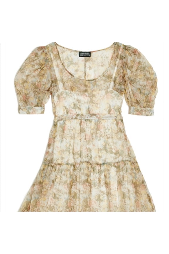 Womens Green Sheer Belted Floral Short Sleeve Scoop Neck Above The Knee Fit + Flare Dress XS