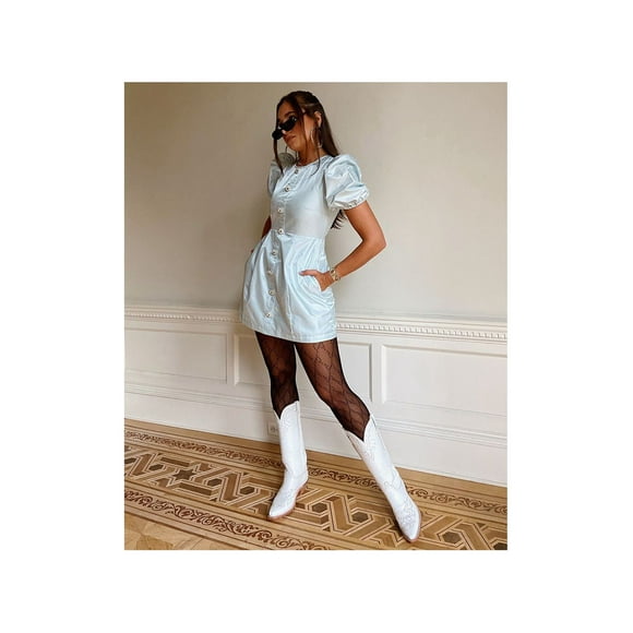 DANIELLE BERNSTEIN Womens Light Blue Zippered Rhinestone-button Pouf Jewel Neck Mini Party Fit + Flare Dress 6