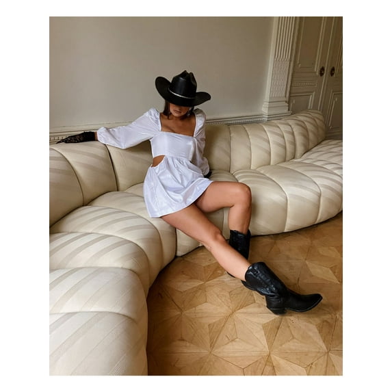 DANIELLE BERNSTEIN Womens White Cut Out Rhinestone Zippered Pouf Square Neck Mini Cocktail Fit + Flare Dress 14