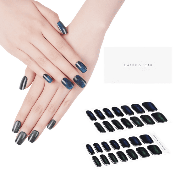 DANNI & TONI Semi Cured Gel Nail Strips Cat Eye (Oceanic Panther) Dark Blue and Green Gel Nail Stickers Glossy Nail Wraps 28 Stickers