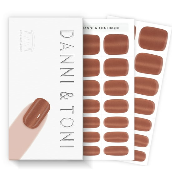 DANNI & TONI Semi Cured Gel Nail Strips Copper Brown Cat Eye Gel Nail Wraps Gift for Woman |Cocoa Glint
