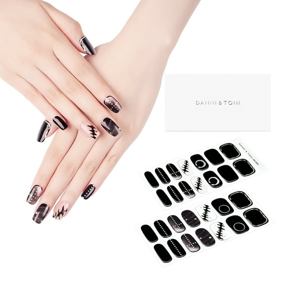 DANNI & TONI Semi Cured Gel Nail Strips Gothic (Midnight Eclipse) Black Gel Nail Stickers Ouroboros Devil Wings 28 Stickers