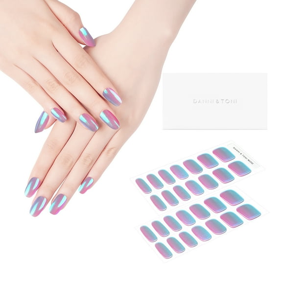 DANNI & TONI Semi Cured Gel Nail Strips Holographic (Chrome Dream) Metallic Gradient Aurora Nails 28 Stickers Gift for Woman