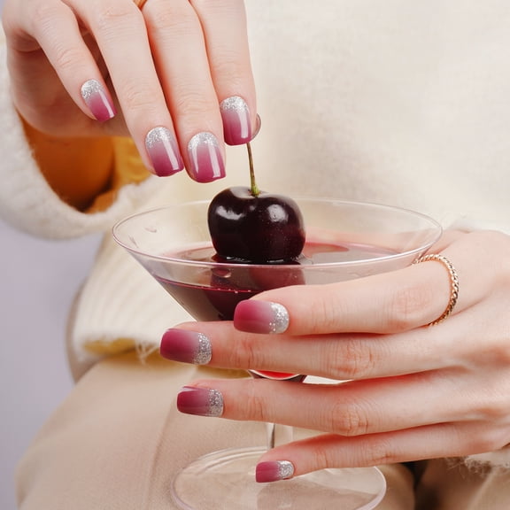 DANNI & TONI Semi Cured Gel Nail Strips Plum Purple Silver Glitter French Gel Nail Wraps Gift for Woman | Plum Frost