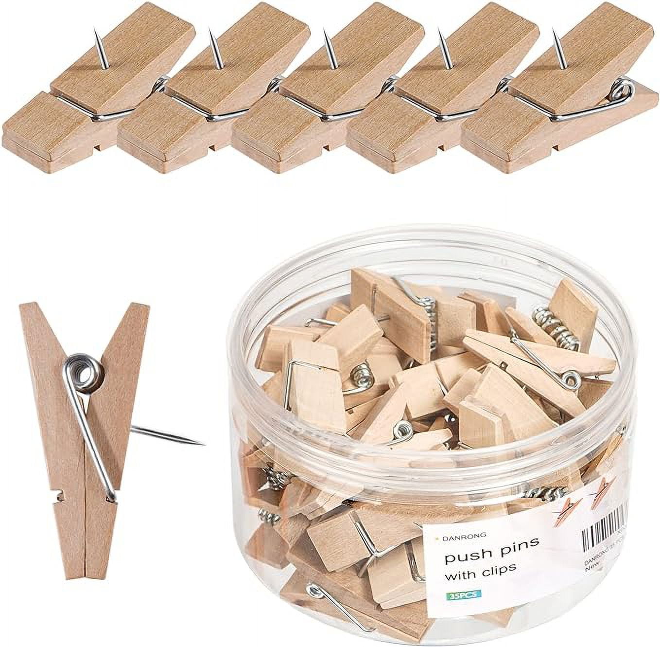DANRONG 35 PCS Push Pins with Clips, NonSeparation Design, Decorative Wooden Thumb Tacks No