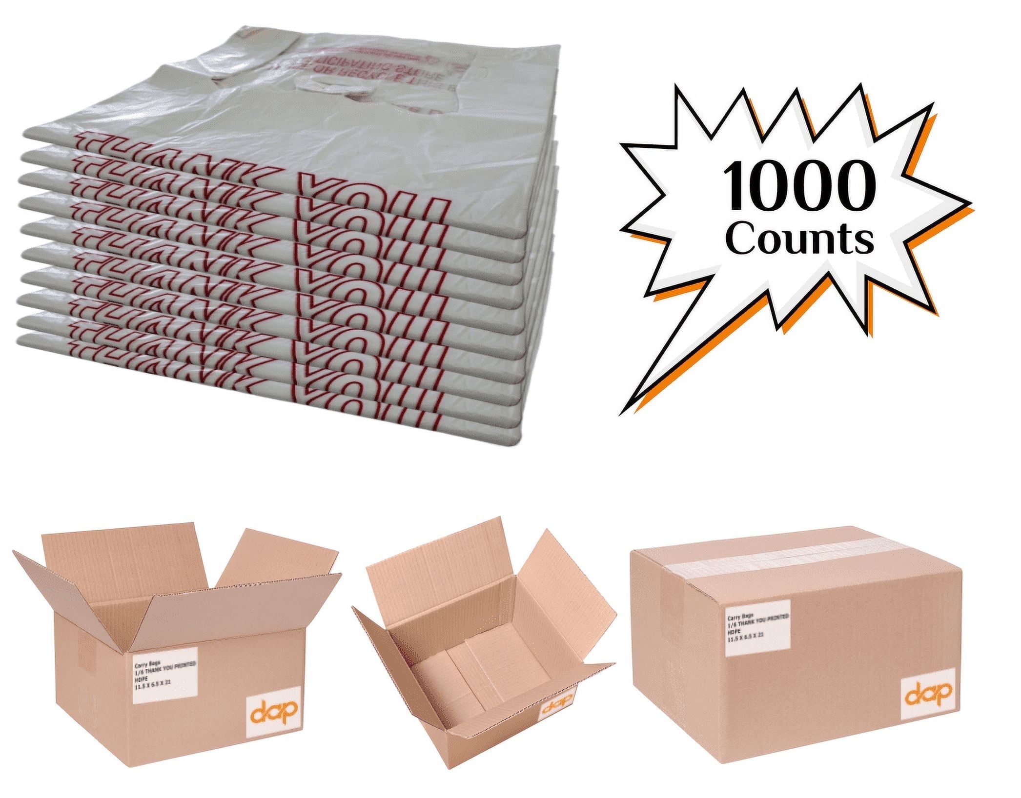 DAP Plastic Bags Durable Large HDPE T-Shirt Type Handle Bag, Thank You, 1000 Counts, 11" x 6.5" x 21"