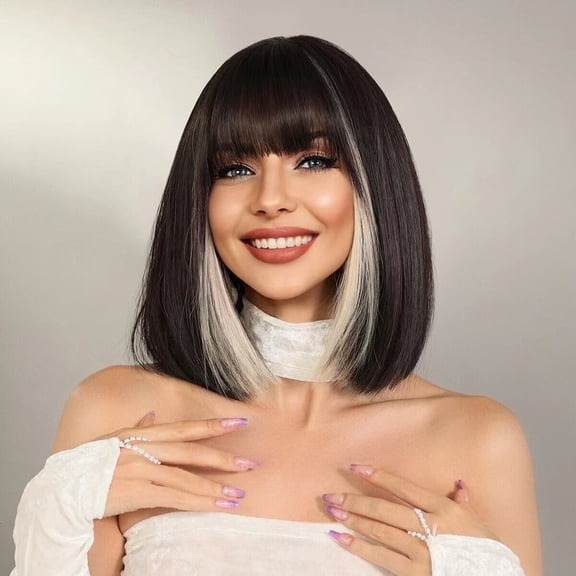 DAPRZIY 12" Short Wig for Women Short Bob Wigs with Bangs Synthetic Glueless Straight Black Bob Wigs with Grey Highlight