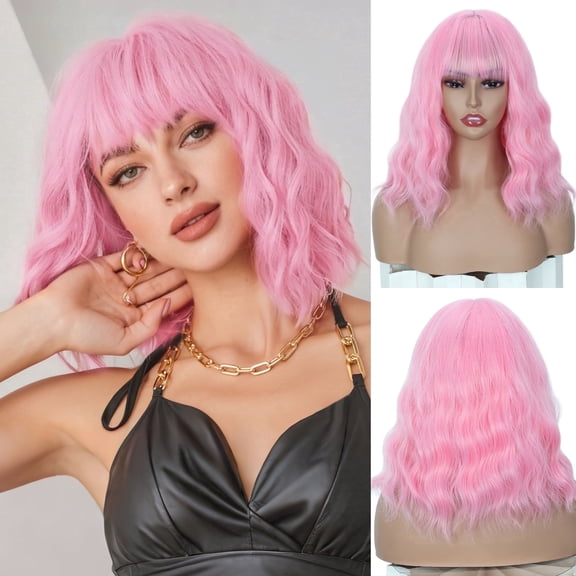 DAPRZIY 12 inch Pink Wig with Bangs Short Pink Wavy Wigs for Women Natural Heat Resistant Fiber Synthetic Curly Light Pink Bob Wigs for Women Girls Daily Party Holiday