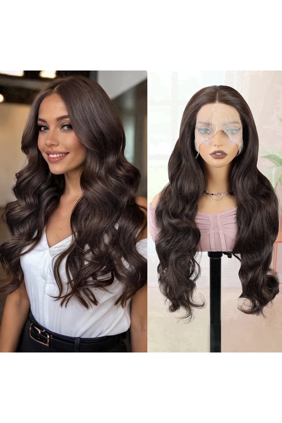 13*3 Dark Brown Synthetic Lace Front Wig, Hd Lace Wigs for Women,Long Wavy Wear and Go Glueless False Hair 26inch