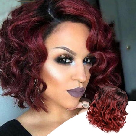 DAPRZIY 13.77"Wigs Shoulder Length Curly Hair Wigs for Women Wine Red Side Part Hair Line