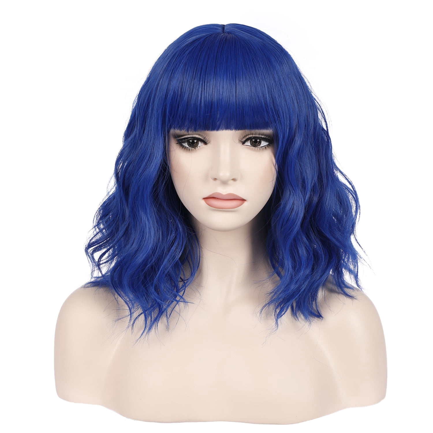DAPRZIY 14" Dark Blue Wig Short Curly Wig with Bangs Blue Wig Synthetic Wigs Women Girls Blue Wig with Wig Cap