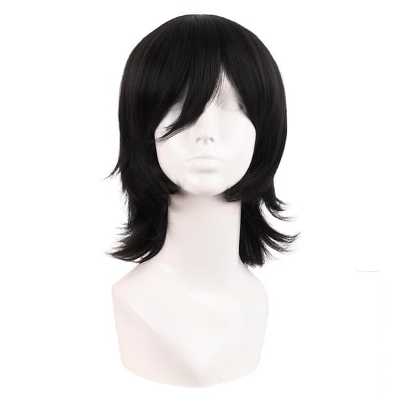 DAPRZIY 14 Inch/35 cm Short Cosplay Wolf Tail Synthetic Side Bangs Party Wig (Black)
