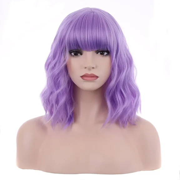 DAPRZIY 14 Inches Light Purple Wig With Bangs Short Curly Wig for Women Daily Use
