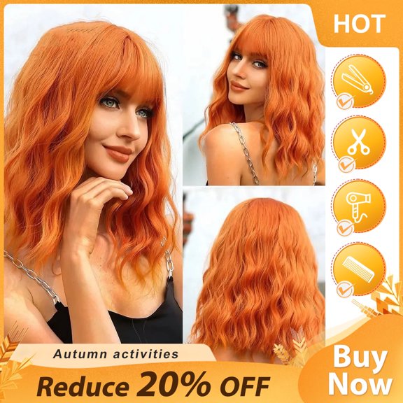 DAPRZIY 14" Orange Wig Short Curly with Bangs Dark Wavy Bob Women Girls Synthetic Hai