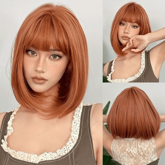 DAPRZIY 15-Inch Orange Shoulder-Length Wig, Natural Inward Curl, Straight Bangs, Rose-Patterned Base Design