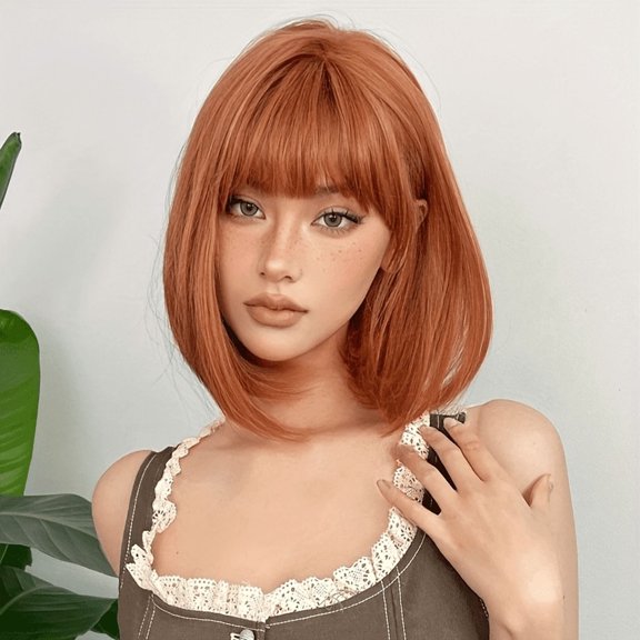 DAPRZIY 15-Inch Women's Natural Inward Curl Wig with Bangs and Rose Net, Shoulder-Length, Orange