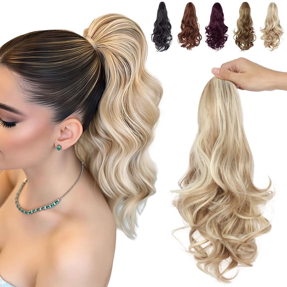 DAPRZIY 15" Ponytail Extension Drawstring Curly Wavy Ponytail Extensions Clip in Long Pony Tails Hair Cute Synthetic Piece for Women Bleach Blonde mix Light Blonde