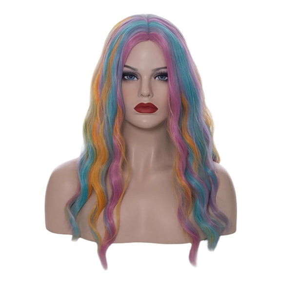 DAPRZIY 18" Long Curly Wavy Rainbow Wig for Women Synthetic Hair Party Cosplay Halloween Wigs Include Wig Cap (Rainbow)