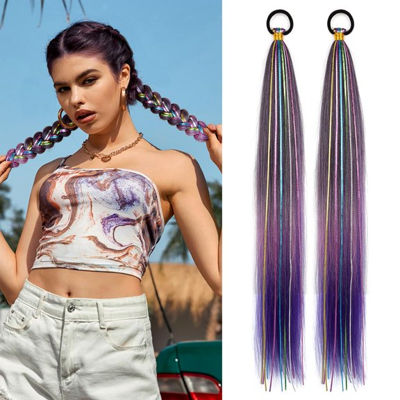 DAPRZIY 2 Pack Braid Ponytail Extension with Elastic Tie Straight Sleek Wrap Around Braid Ponytail Purple Gradient 26 Inch Hair Tinsel Colored Hair Ponytail (Black/Pink/Purple#)