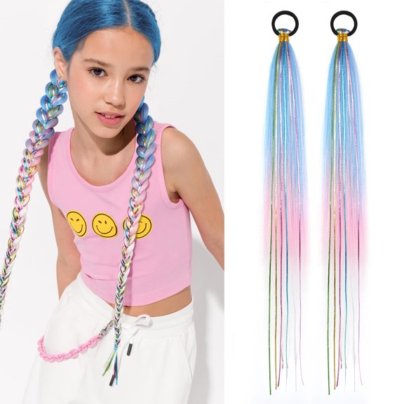 DAPRZIY 2 Pack Ponytail Extension with Elastic Tie Straight Sleek Wrap Around Braid Ponytail 26 Inch Hair Tinsel Colored Braiding Hair Extensions Ponytail (Blue/Pink/White#)