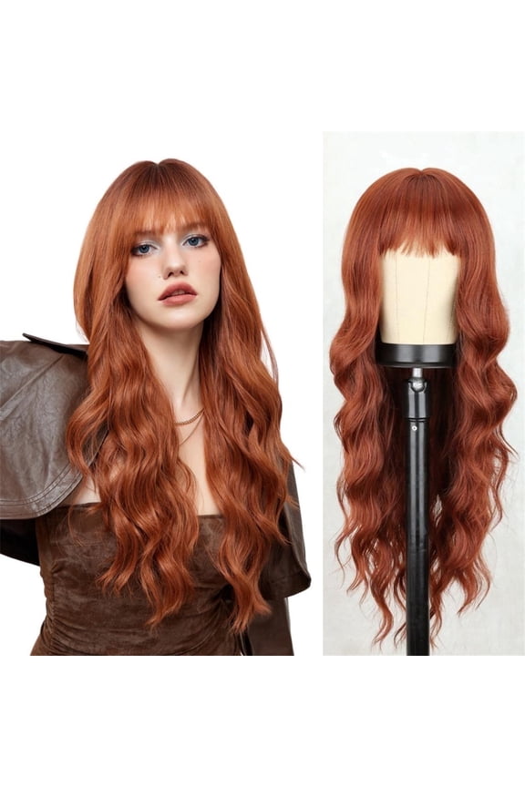 26 Inch Long Body Wave Wig with Bangs, Synthetic Dirty Orange Curly Hair, Fluffy Full Head Wig for Daily, Party & Dance Use