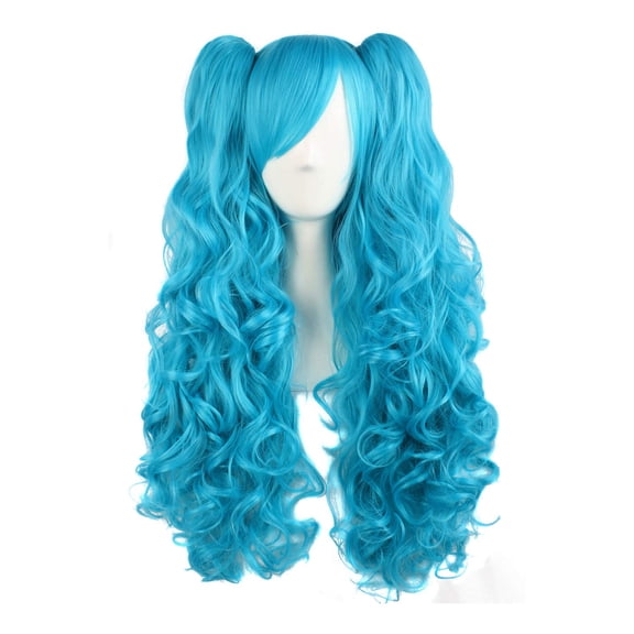 DAPRZIY 28"/70cm Lolita Long Curly Clip on Ponytails Cosplay Wig (Azure Blue)