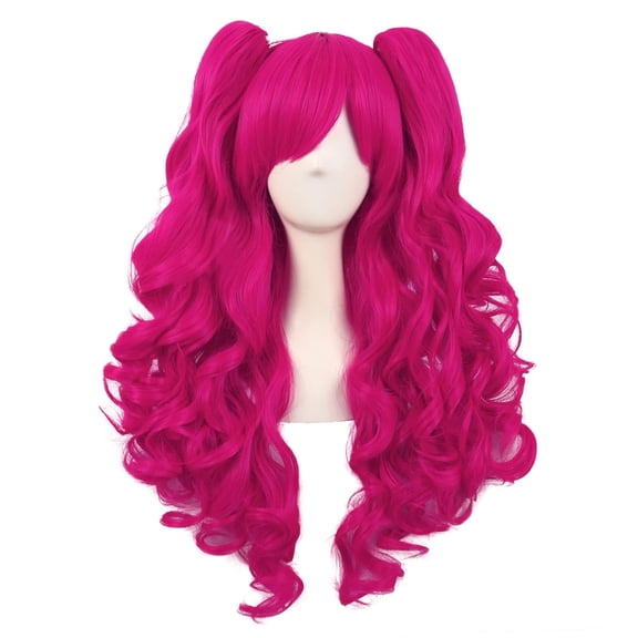DAPRZIY 28 Inch/70 cm Lolita Long Curly 2 Ponytails Clip on Cosplay Wig (Hot Pink)