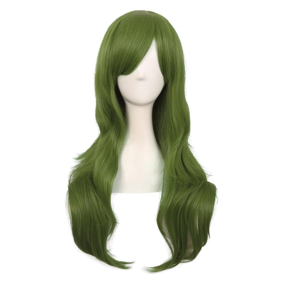 DAPRZIY 28 Inch/70 cm Women Side Bangs Long Curly Hair Cosplay Synthetic Wig (Olive Green)