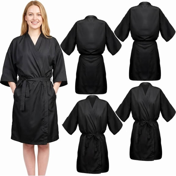 DAPRZIY 4 Pack Salon Client Gown Robes Cape, Waterproof Hair Dye Cape, 43 Inch Long Black Soft Kimono Style Barber Smock for Hair Stylist with Adjustable Tie to Hair Cutting, Hair Coloring