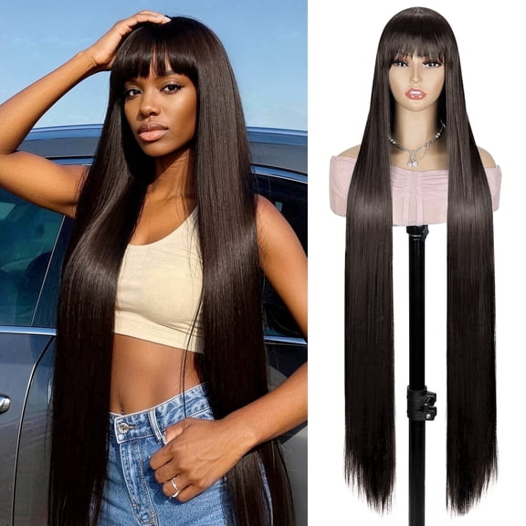 DAPRZIY 42 Inch Brown Straight Wig with Bangs for Women Long Synthetic Hair Middle Part Natural Look Heat Resistant Daily Wear Party