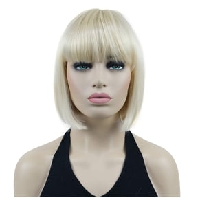 DAPRZIY 8" Straight Short Bob Hair Flat Bangs Cute Central Dot Skin Top Heat Resistant Synthetic Wigs (613 Blonde)