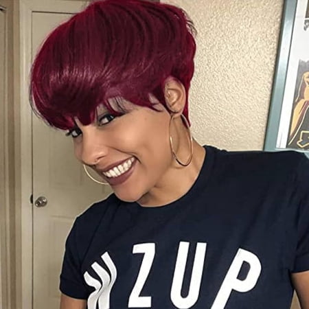 DAPRZIY 99J Burgundy Pixie Cut Wigs for Black Women Short Straight Human Hair Wigs Brazilian Remy Hair