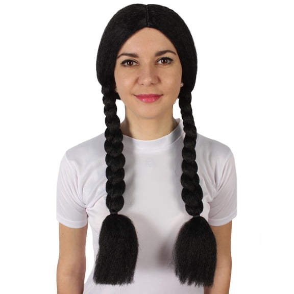 DAPRZIY Adult Women's Black Braided Pigtails Shoulder Length Trendy Wig, Best for Halloween, Made of Flame-Retardant Synthetic Fiber Wig