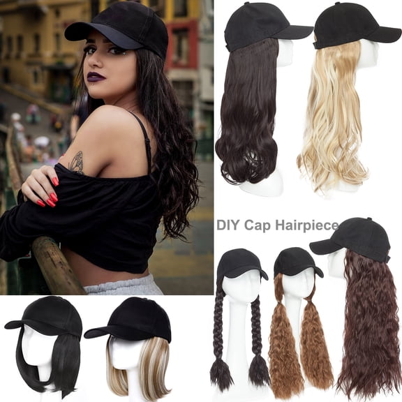 DAPRZIY Baseball Cap with Hair Extensions Full Head Hair Wigs Long Wavy Adjustable Hairpiece Hat Cap Wig for Women 16" Curly Light Brown