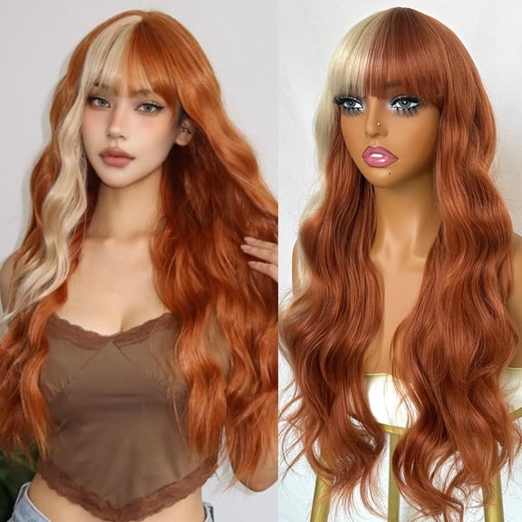 DAPRZIY Blonde and Copper Split Synthetic Hair Wig with Bangs Two Tone Hair Color Copper hair blonde highlights Long Wavy Curly Synthetic Wigs for Women Cosplay Party Wig Halloween Wigs
