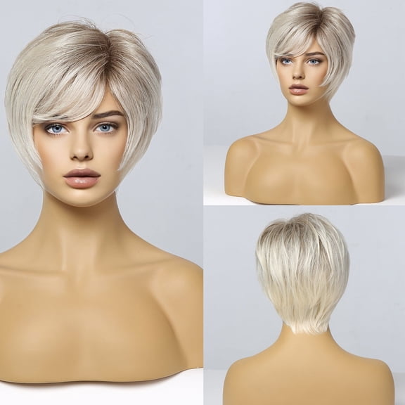 DAPRZIY Blonde Ombre Short Straight Bob Wig with Bangs for Women Heat Resistant Natural Looking Hair Wig for Party Cosplay