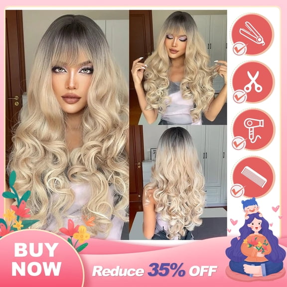 DAPRZIY Blonde Wig With Bangs Long Wavy Curly Ombre Dark Root Synthetic Hea Soft