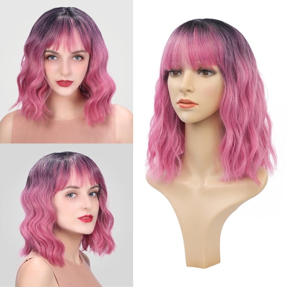 DAPRZIY Curly Bob Wig with Bangs 12 inch Short Wavy Black Hot pink Wigs for Women Bang Wig Synthetic Wigs with Bangs