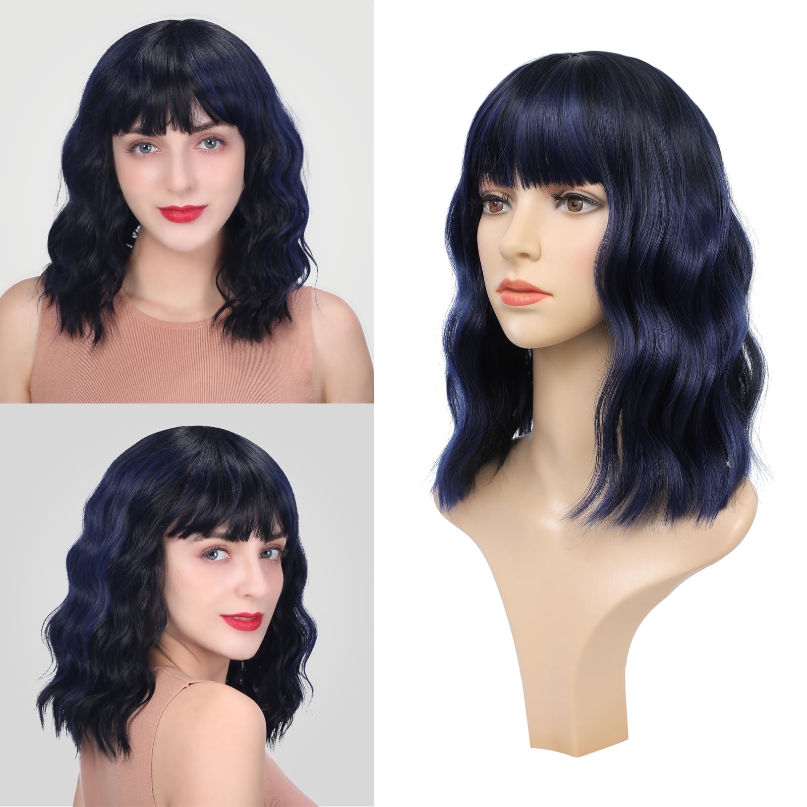 DAPRZIY Curly Bob Wig with Bangs 12 inch Short Wavy Black Mix Blue Wigs for Women Bang Wig Synthetic Wigs with Bangs
