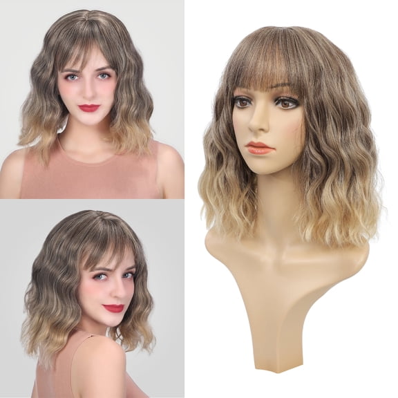 DAPRZIY Curly Bob Wig with Bangs 12 inch Short Wavy Grey Blonde Wigs for Women Bang Wig Synthetic Wigs with Bangs