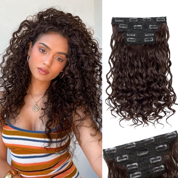DAPRZIY Curly Clip In Hair Extensions,4PCS 16 inch Thick Curly Hair Extensions Lace Weft Clip Ins Invisible Natural Synthetic Hairpieces for Women,Dark Brown(6#)