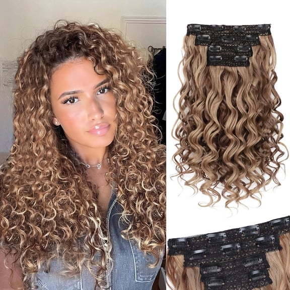 DAPRZIY Curly Clip In Hair Extensions,4PCS 16 inch Thick Curly Hair Extensions Lace Weft Clip Ins Invisible Natural Synthetic Hairpieces for Women,Light Brown with Blonde Highlights(128H24)
