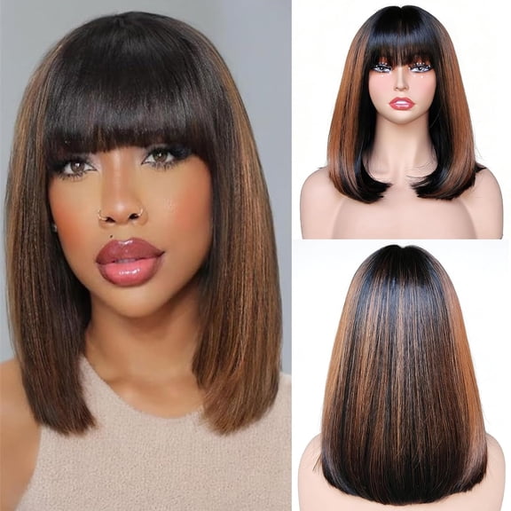 DAPRZIY HAIR 10 Inch Straight Bob Wig with Bangs Synthetic Glueless Bob Wig with Brown Highlights, Ready to Go Short Wigs For Women 180 Density (Breathable Cap) (RSPO9#, 12inch)