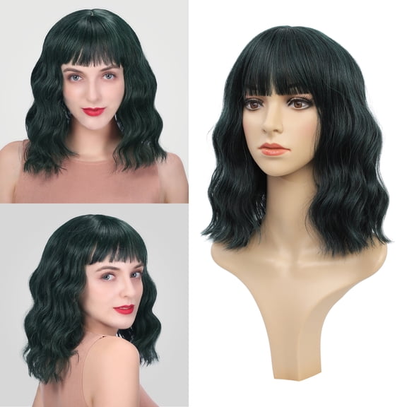 DAPRZIY Hair Synthetic Curly Bob Wig with Bangs Short Wavy Hair for Women Bob Style Heat Resistant Colored Wigs