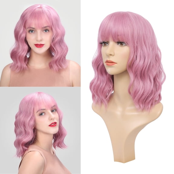 DAPRZIY Hair Synthetic Curly Bob Wig with Bangs Short Wavy Hair for Women Bob Style Heat Resistant Colored Wigs
