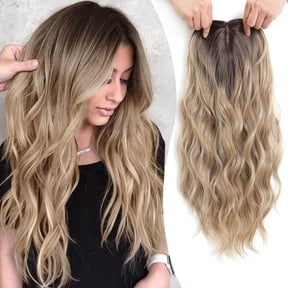 DAPRZIY Hair Topper for Women with Thinning Hair 20inch Long Wavy HairToppers with Bangs 6.5"x6.5" Large Base Synthetic Wiglets Ombre Dark Blonde